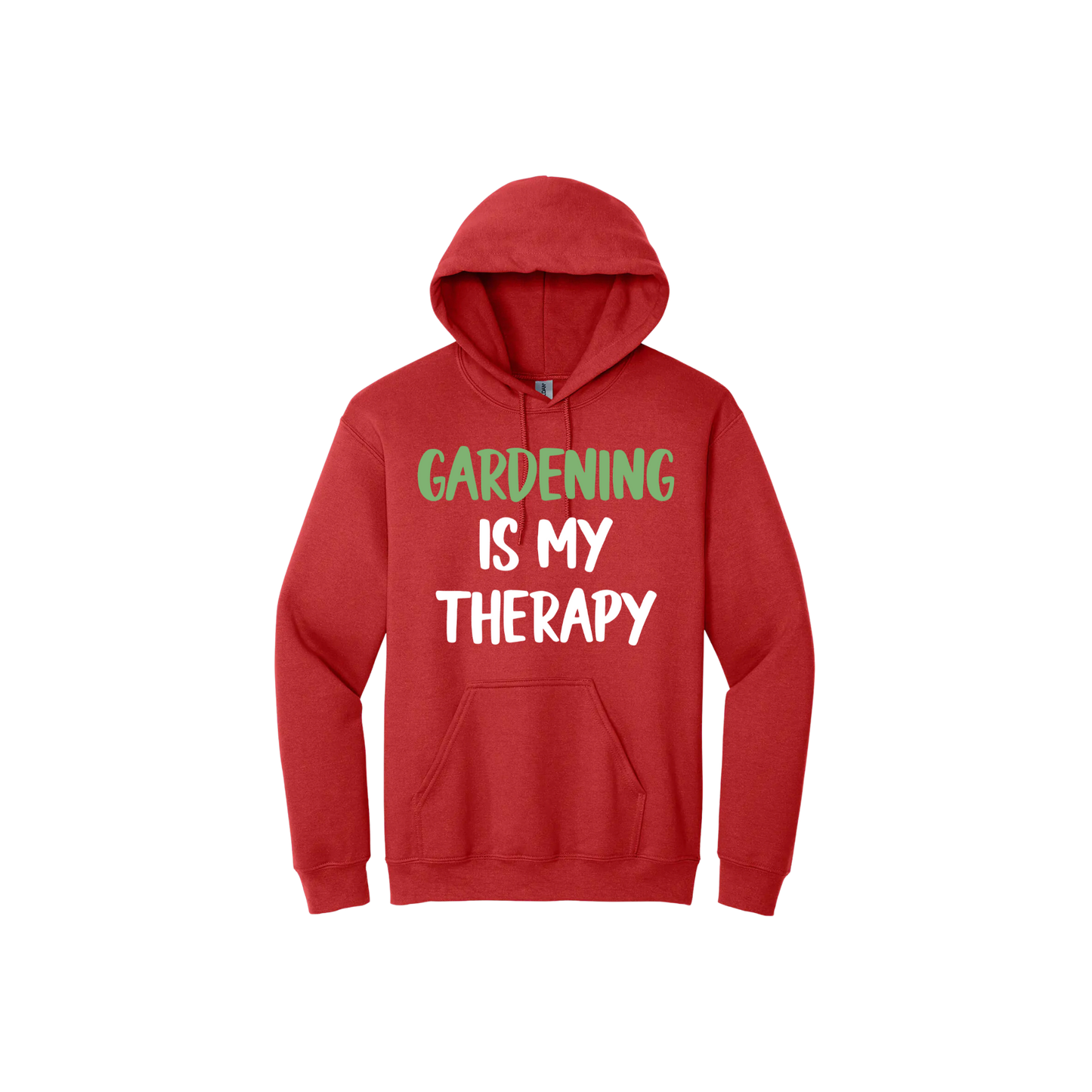 Red unisex hoodie with white and green text that reads 'Gardening Is My Therapy' in the center.