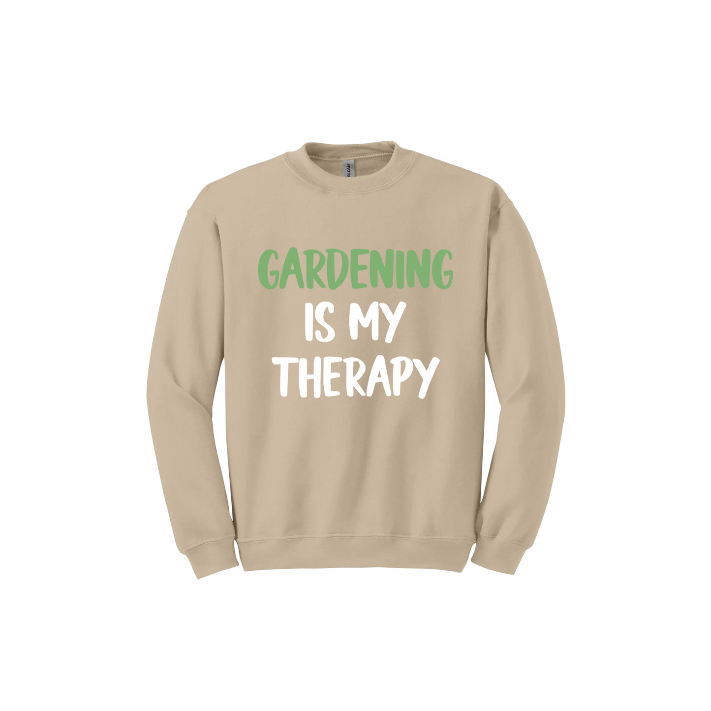 Sand unisex sweatshirt with white and green text that reads 'Gardening Is My Therapy' in the center.