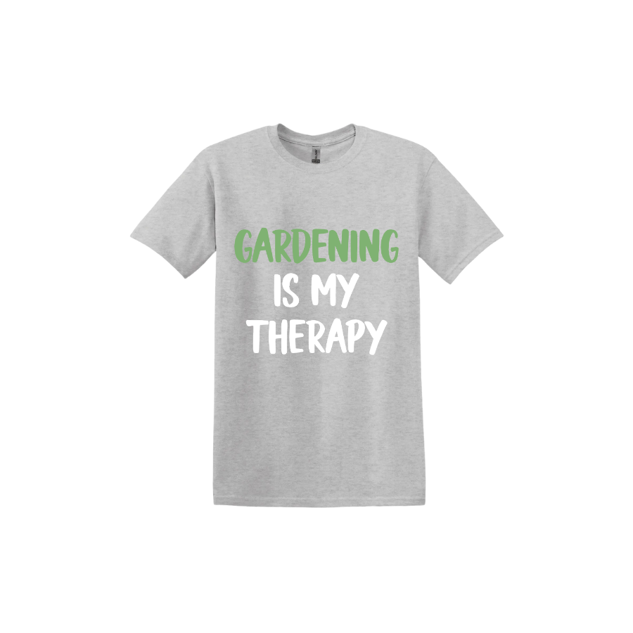 Ash grey unisex tshirt with white and green text that reads 'Gardening Is My Therapy' in the center.
