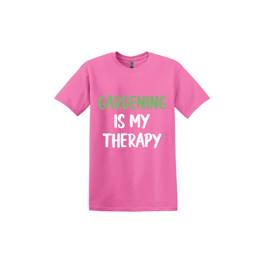 Azalea unisex tshirt with white and green text that reads 'Gardening Is My Therapy' in the center.