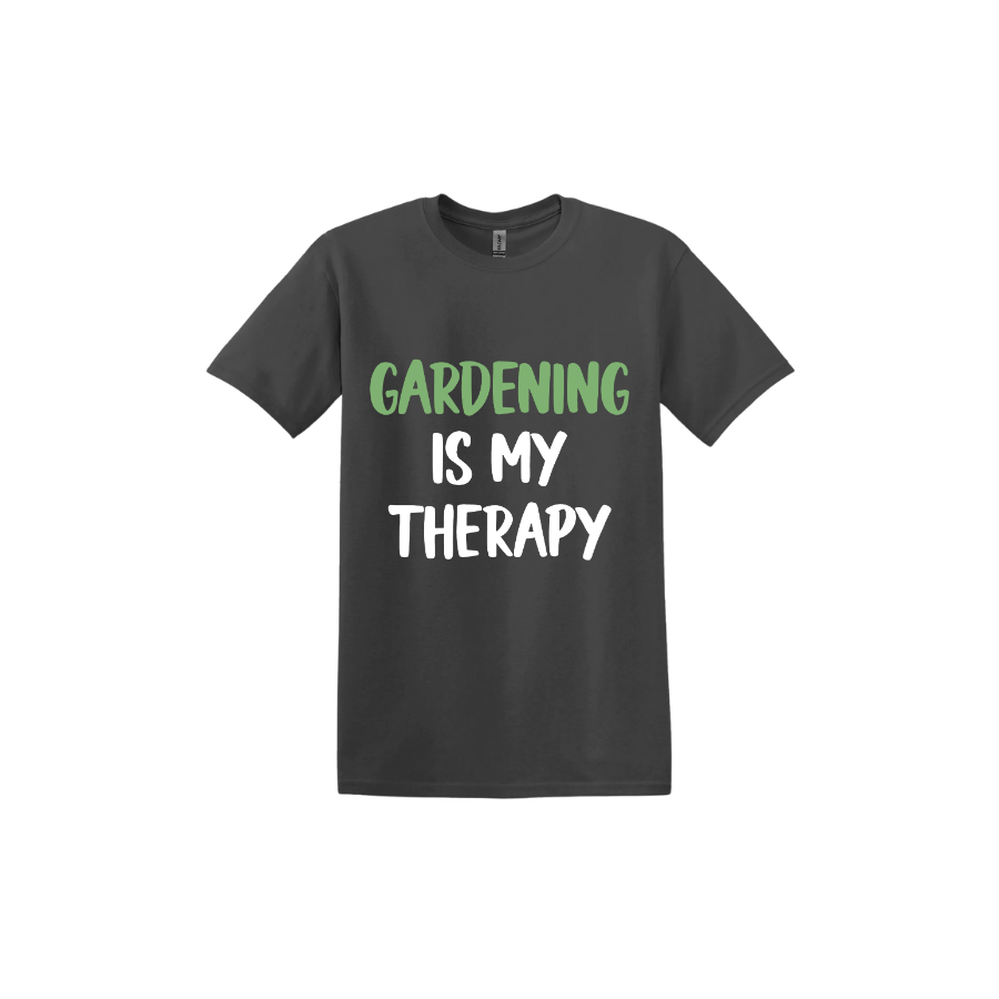 Dark heather unisex tshirt with white and green text that reads 'Gardening Is My Therapy' in the center.
