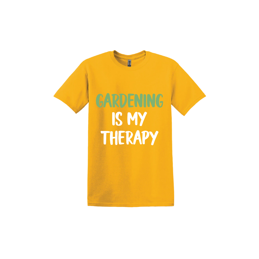 Gold unisex tshirt with white and green text that reads 'Gardening Is My Therapy' in the center.