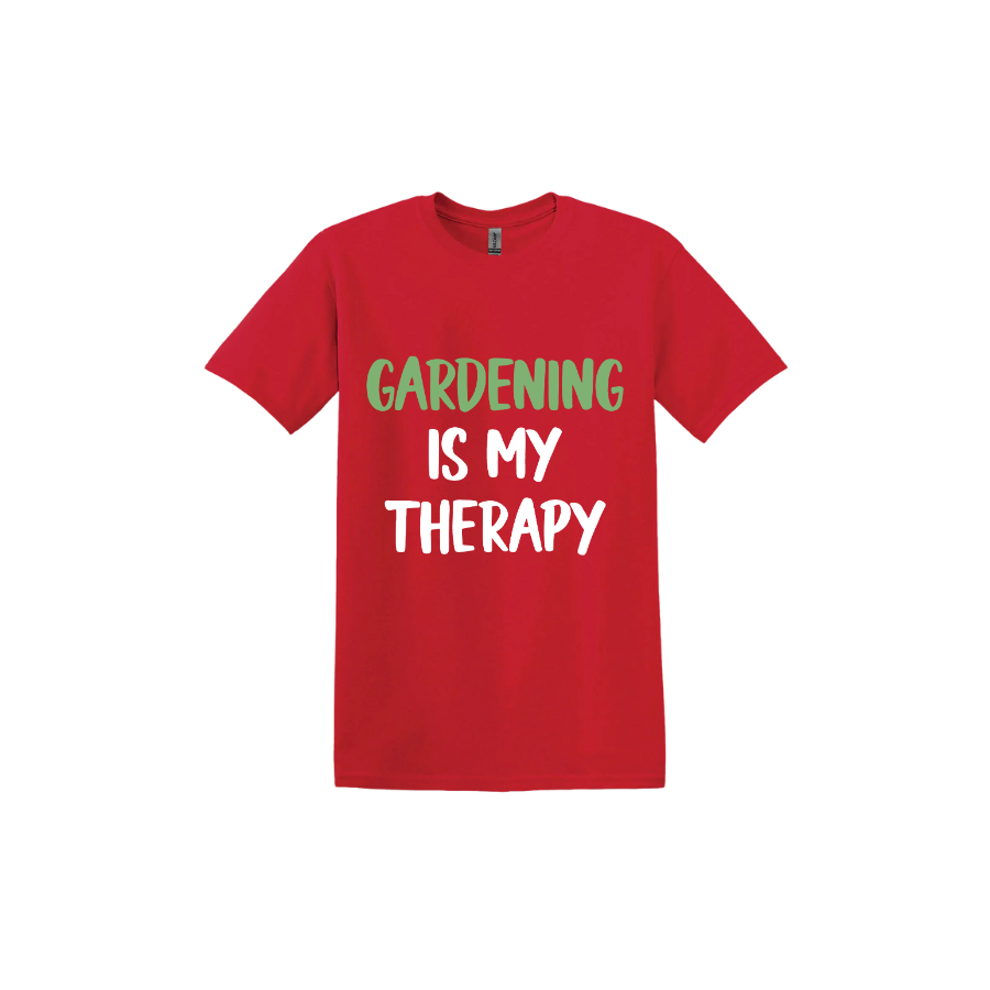 Red unisex tshirt with white and green text that reads 'Gardening Is My Therapy' in the center.