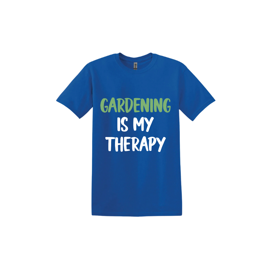 Royal blue unisex tshirt with white and green text that reads 'Gardening Is My Therapy' in the center.