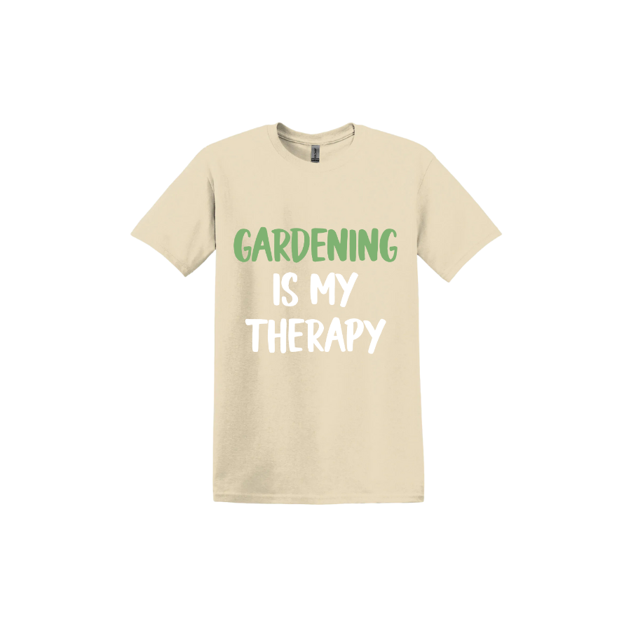 Sand unisex tshirt with white and green text that reads 'Gardening Is My Therapy' in the center.