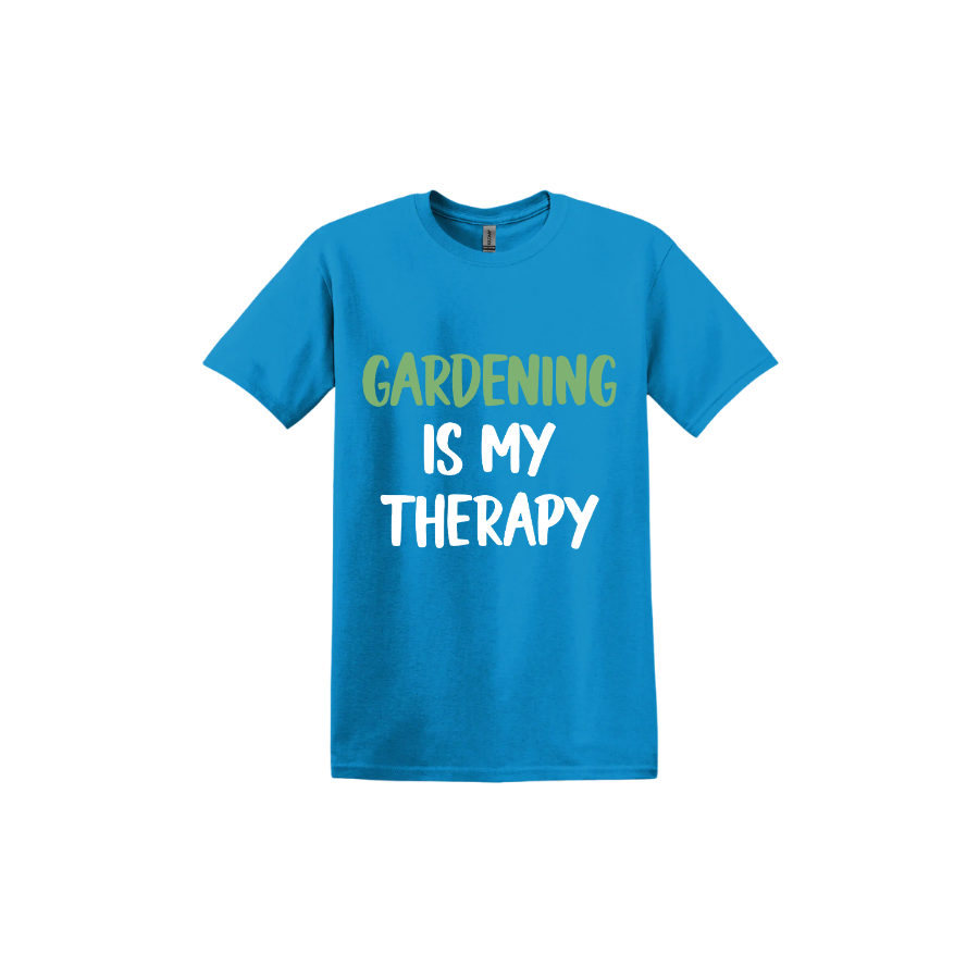 Sapphire unisex tshirt with white and green text that reads 'Gardening Is My Therapy' in the center.