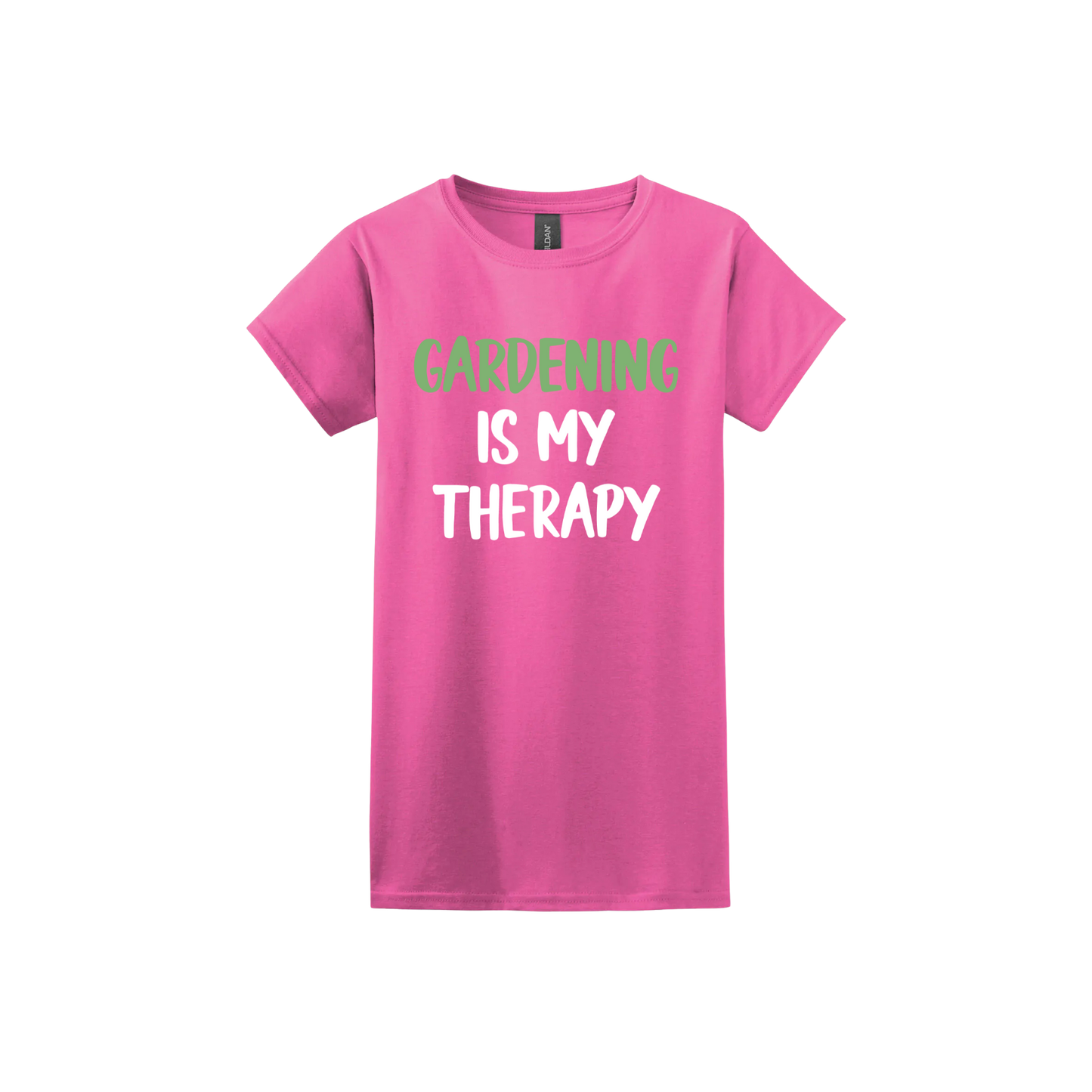 Azalea womens tshirt with white and green text that reads 'Gardening Is My Therapy' in the center.