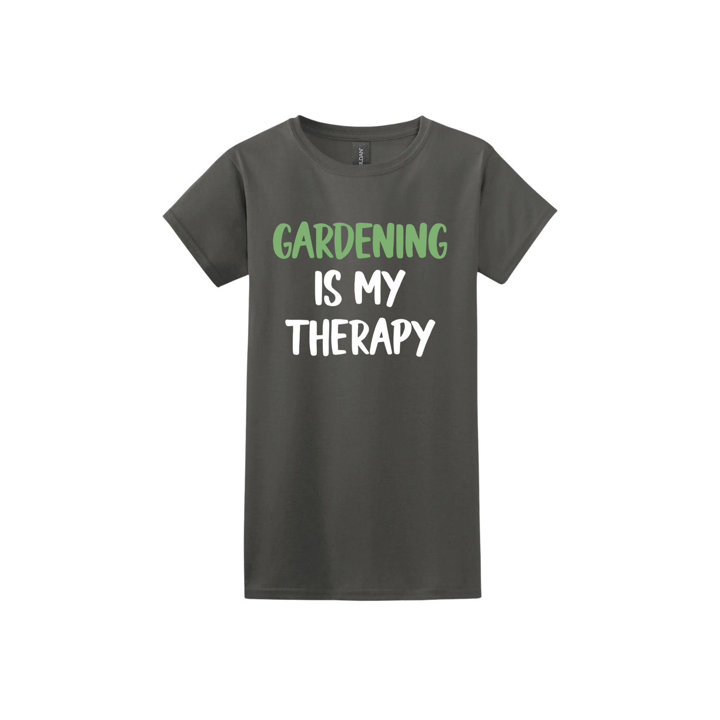 Charcoal womens tshirt with white and green text that reads 'Gardening Is My Therapy' in the center.