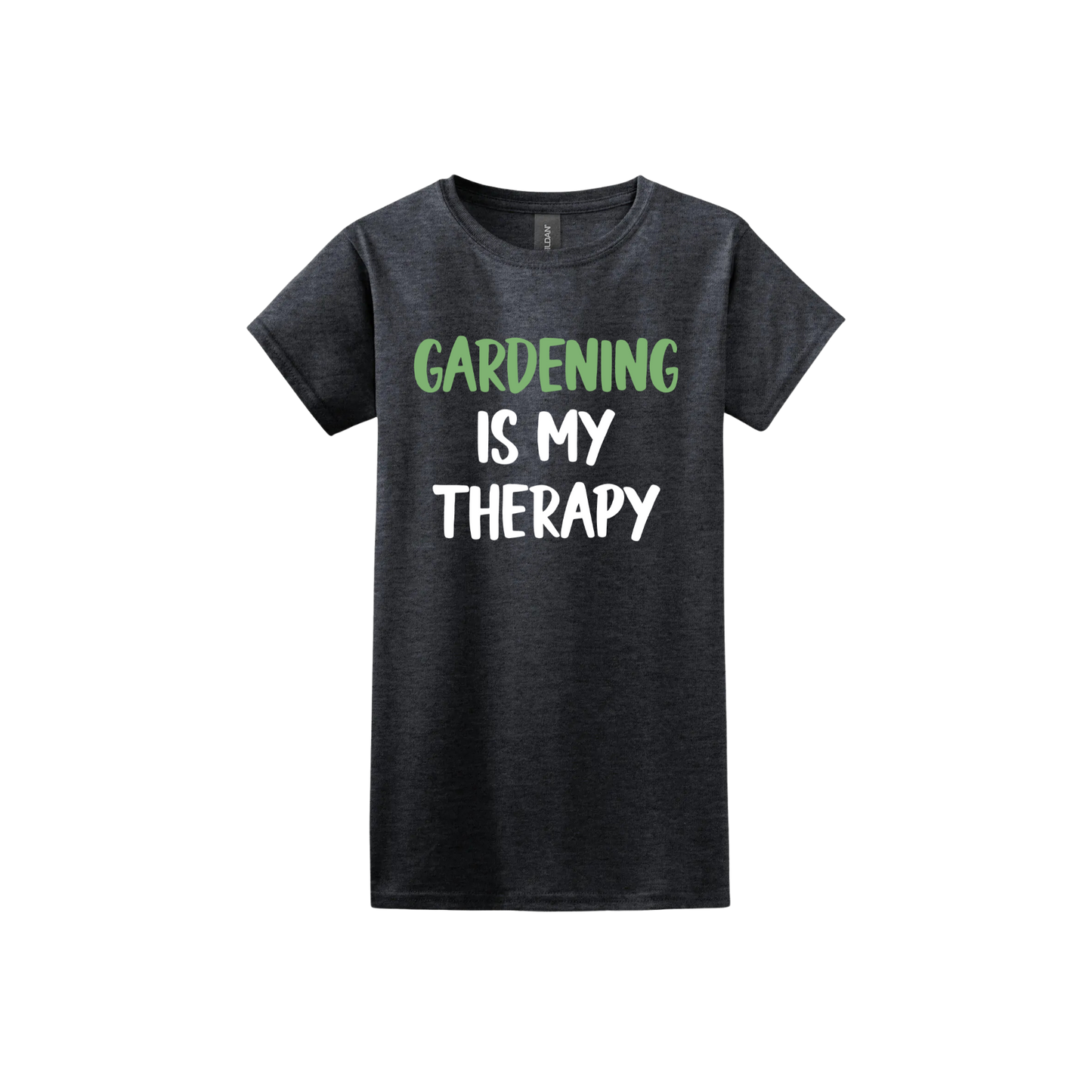 Dark heather womens tshirt with white and green text that reads 'Gardening Is My Therapy' in the center.