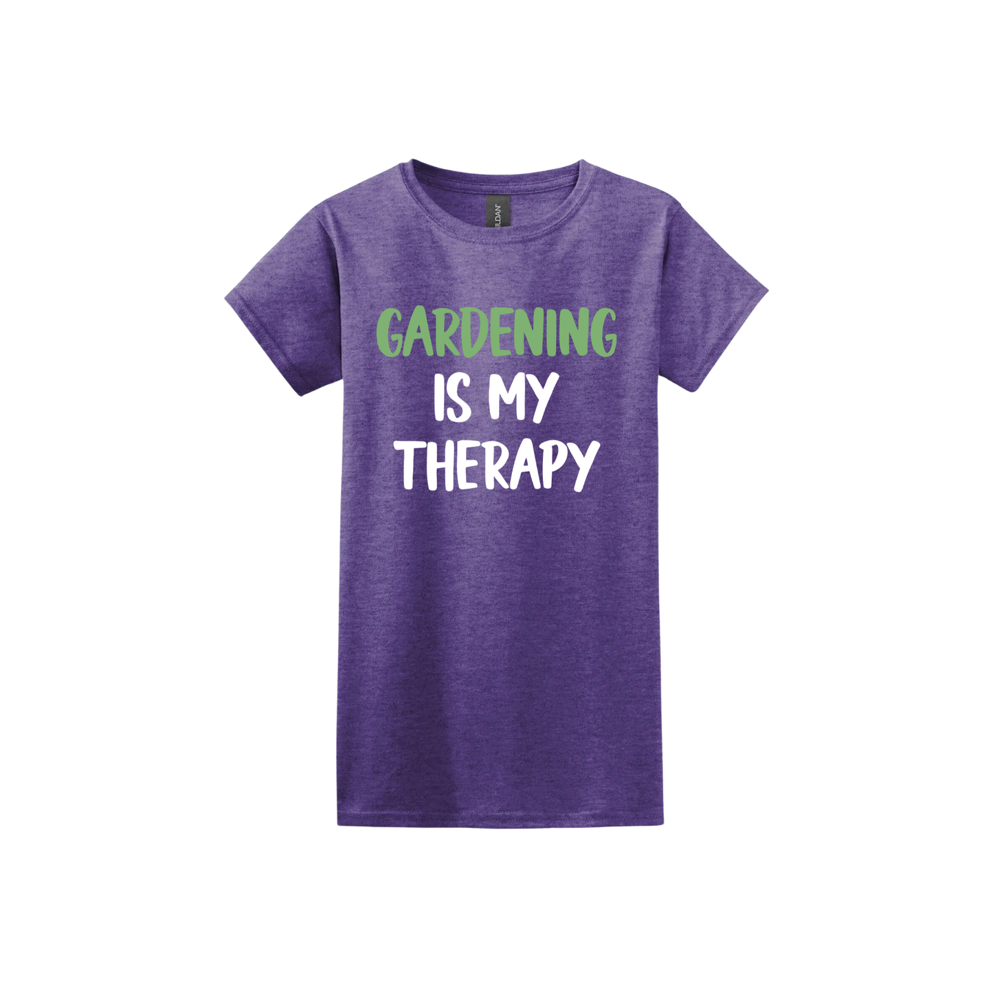 Heather purple womens tshirt with white and green text that reads 'Gardening Is My Therapy' in the center.