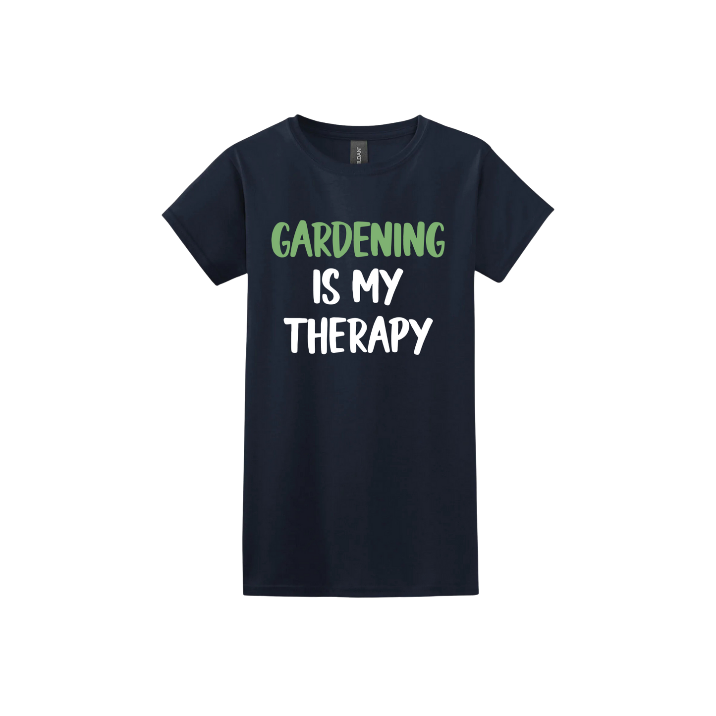 Navy womens tshirt with white and green text that reads 'Gardening Is My Therapy' in the center.