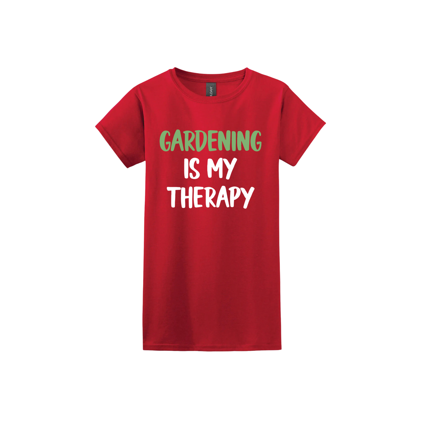 Red womens tshirt with white and green text that reads 'Gardening Is My Therapy' in the center.