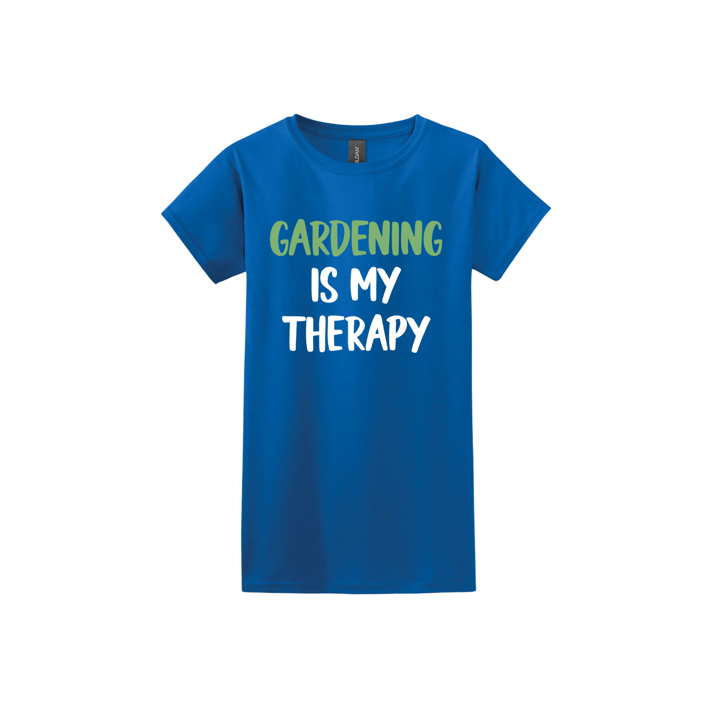 Royal blue womens tshirt with white and green text that reads 'Gardening Is My Therapy' in the center.