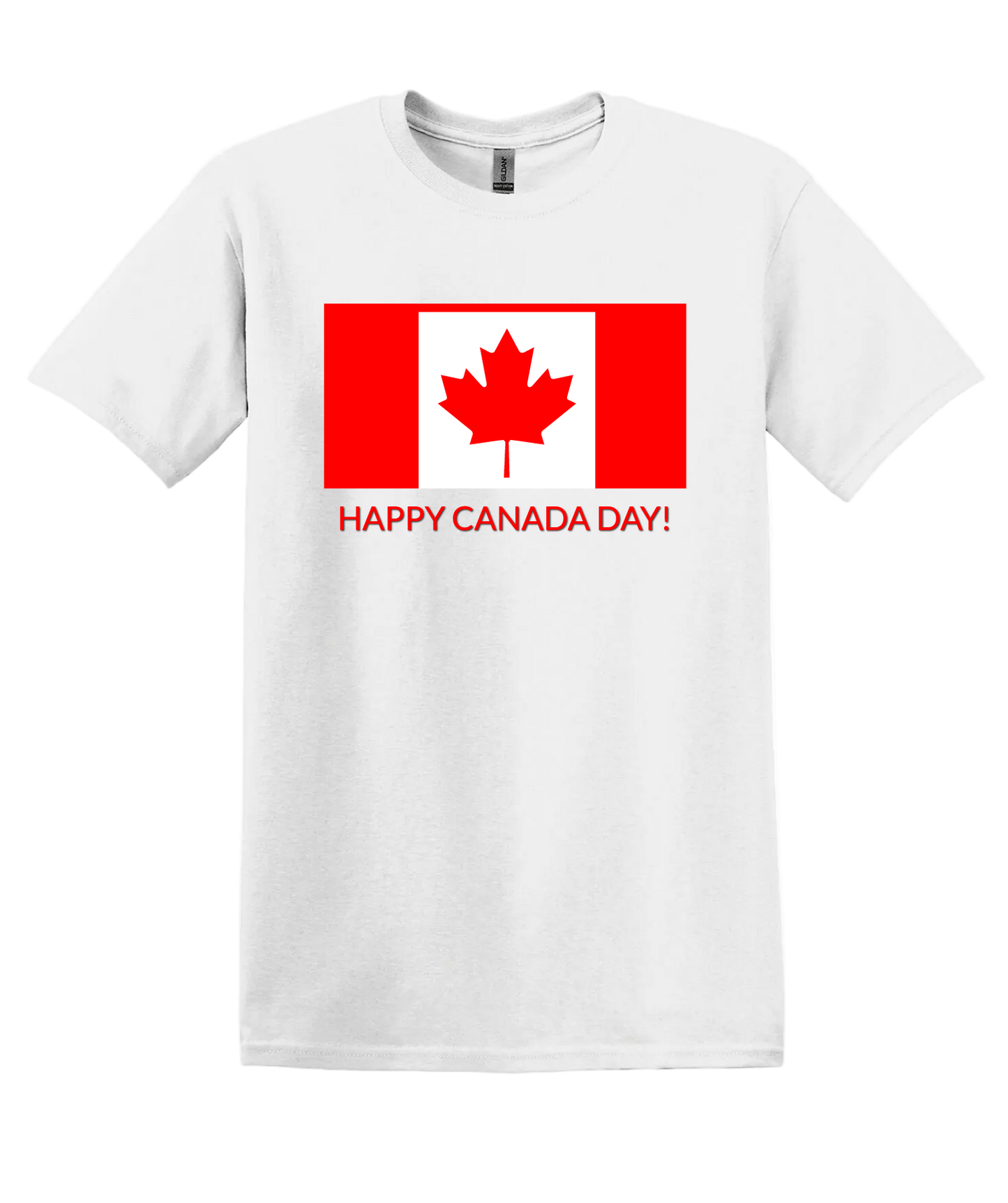 White unisex tshirt with a graphic of the Canadian flag with red text that reads "HAPPY CANADA DAY!"