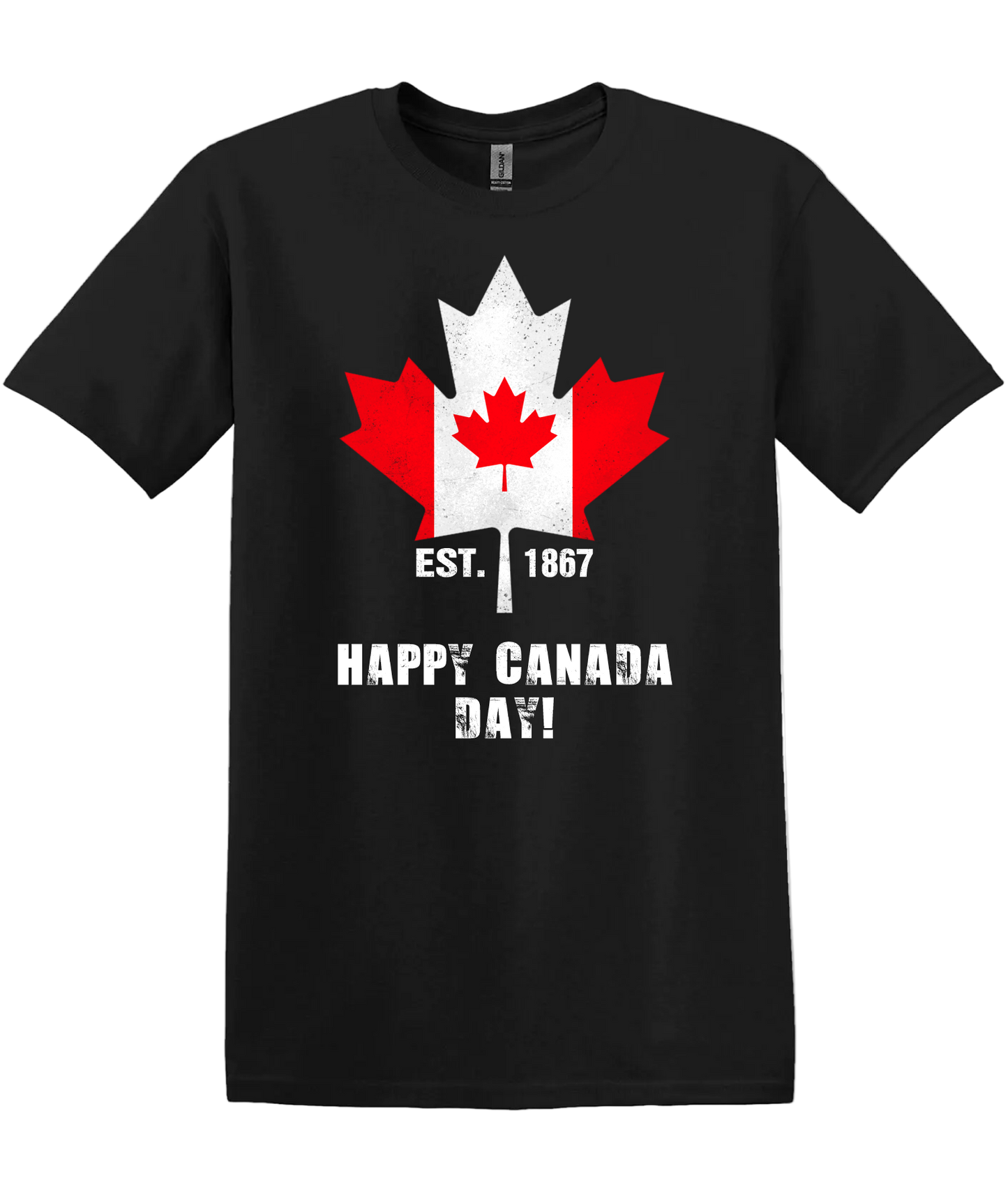 Black unisex tshirt with a graphic of the Canadian flag in the shape of a maple leaf along side text that reads "Happy Canada Day Est. 1867"