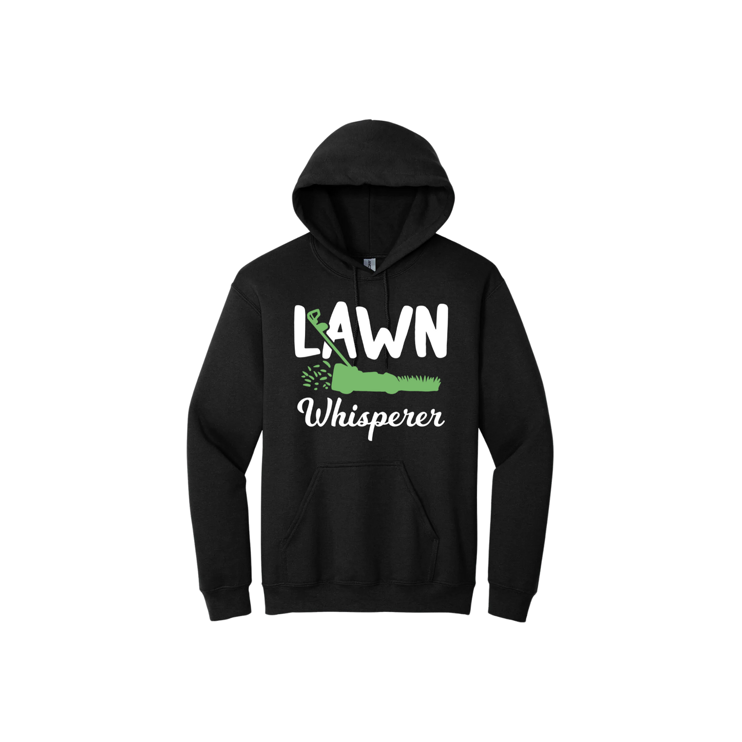 Black unisex hoodie with white text that reads 'Lawn Whisperer' alongside a graphic of a green lawnmower cutting grass.