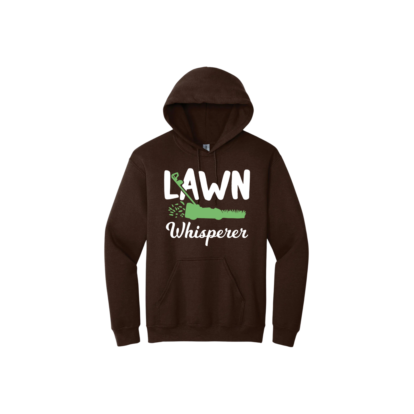 Brown unisex hoodie with white text that reads 'Lawn Whisperer' alongside a graphic of a green lawnmower cutting grass.