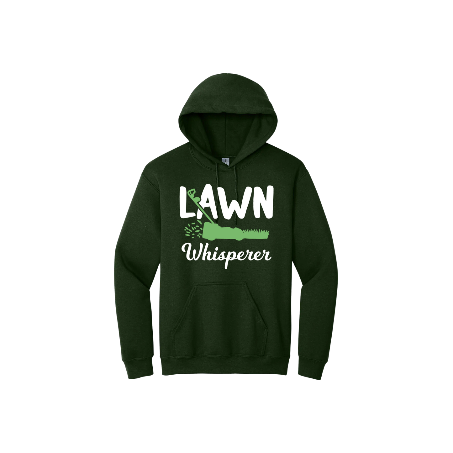 Green unisex hoodie with white text that reads 'Lawn Whisperer' alongside a graphic of a green lawnmower cutting grass.