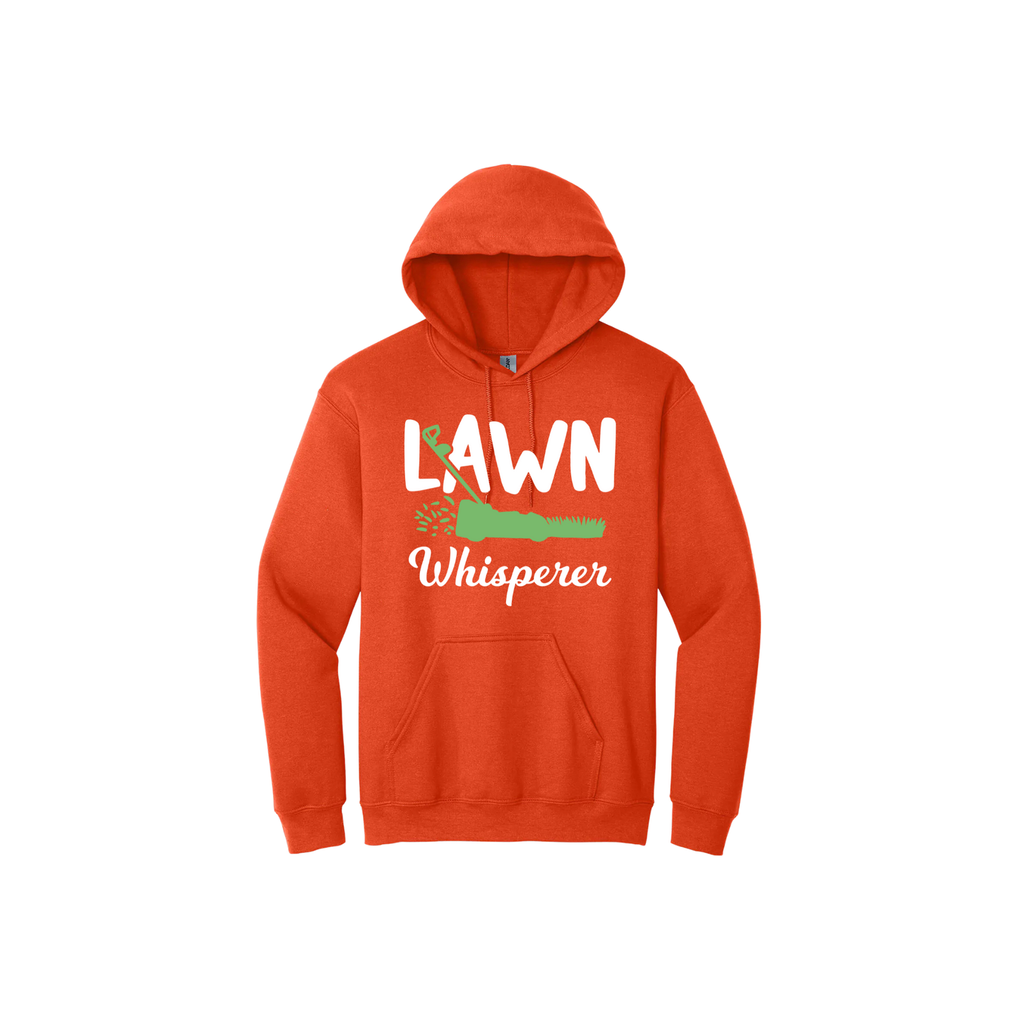 Orange unisex hoodie with white text that reads 'Lawn Whisperer' alongside a graphic of a green lawnmower cutting grass.