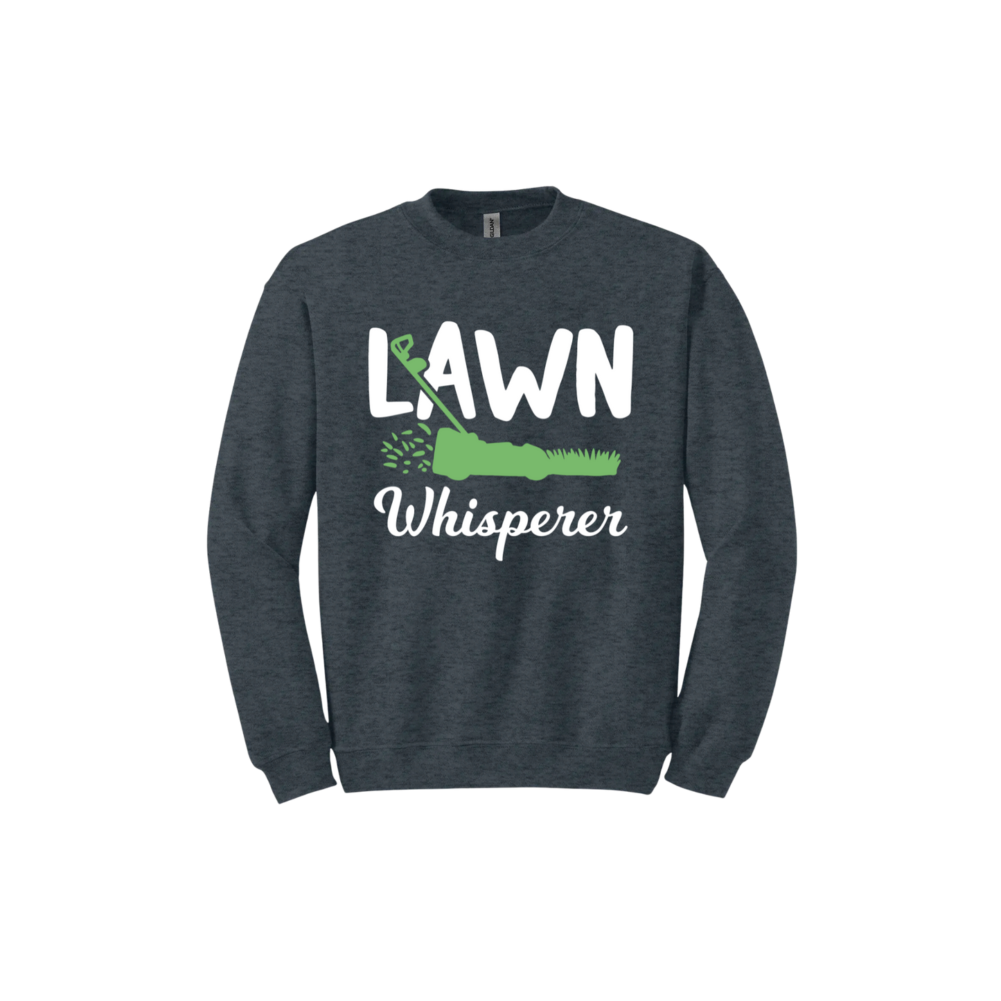 Dark heather unisex sweatshirt with white text that reads 'Lawn Whisperer' alongside a graphic of a green lawnmower cutting grass.