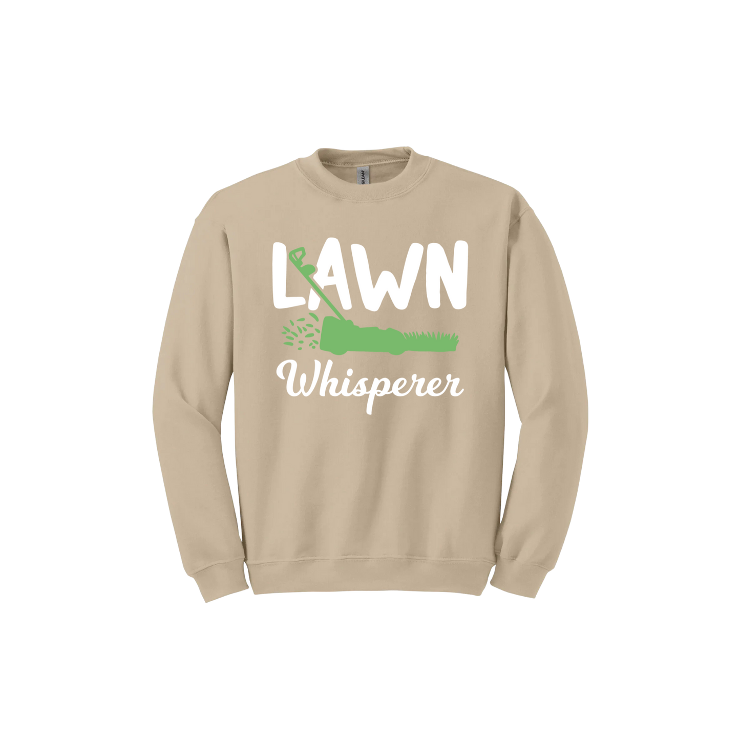 Sand unisex sweatshirt with white text that reads 'Lawn Whisperer' alongside a graphic of a green lawnmower cutting grass.