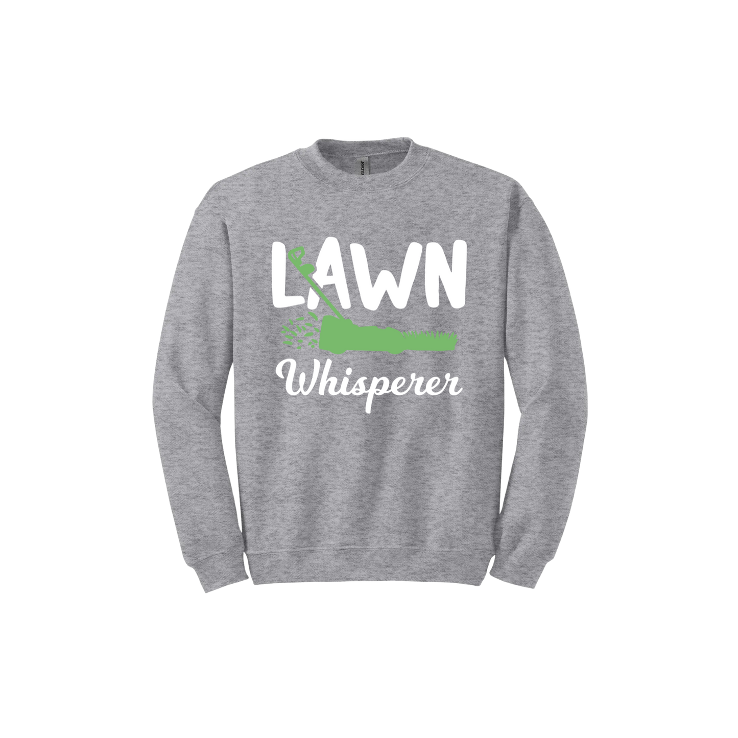 Sport grey unisex sweatshirt with white text that reads 'Lawn Whisperer' alongside a graphic of a green lawnmower cutting grass.