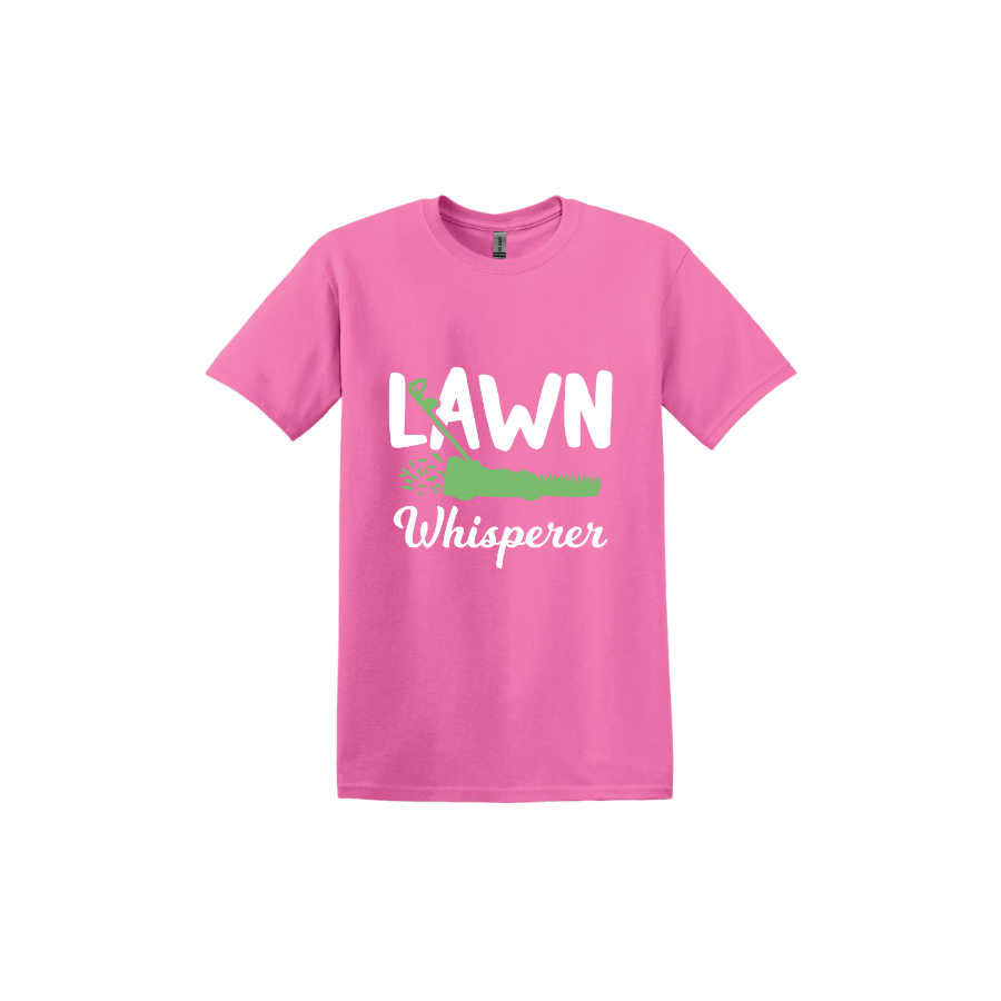 Azalea unisex tshirt with white text that reads 'Lawn Whisperer' alongside a graphic of a green lawnmower cutting grass.