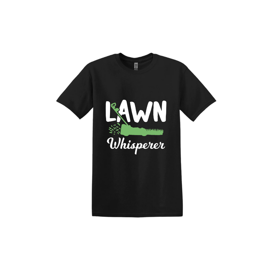 Black unisex tshirt with white text that reads 'Lawn Whisperer' alongside a graphic of a green lawnmower cutting grass.