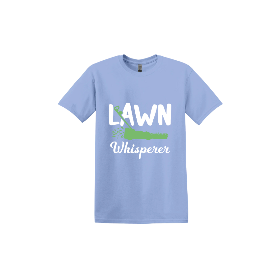 Carolina blue unisex tshirt with white text that reads 'Lawn Whisperer' alongside a graphic of a green lawnmower cutting grass.