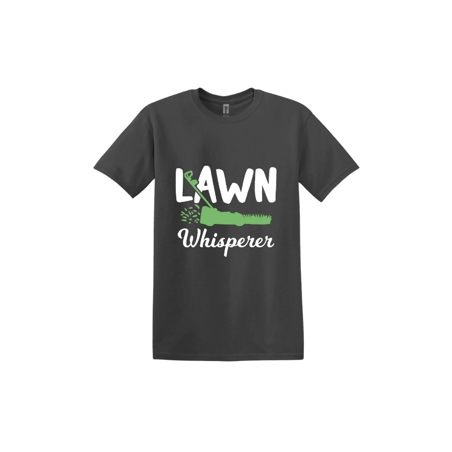Charcoal unisex tshirt with white text that reads 'Lawn Whisperer' alongside a graphic of a green lawnmower cutting grass.