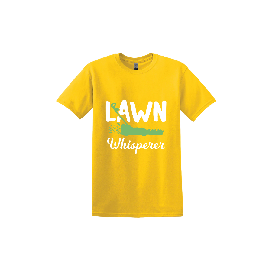 Daisy unisex tshirt with white text that reads 'Lawn Whisperer' alongside a graphic of a green lawnmower cutting grass.