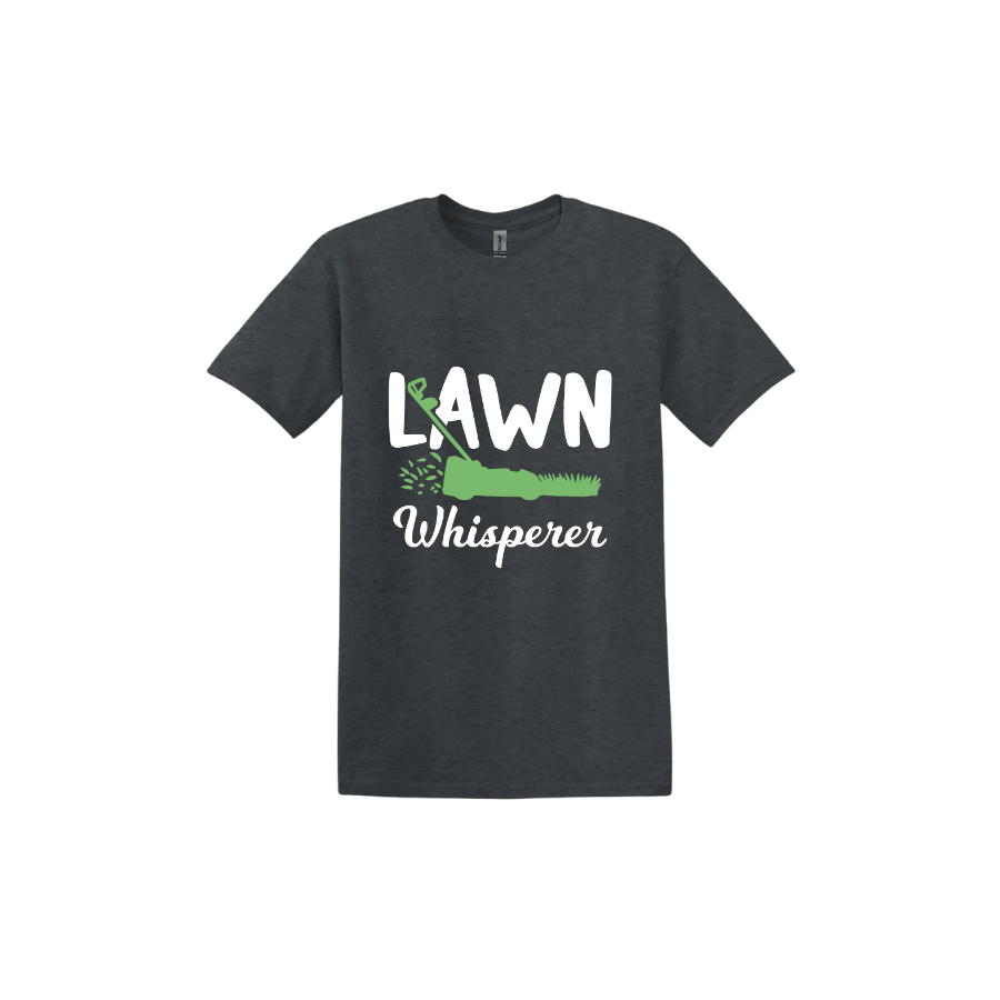 Dark heather unisex tshirt with white text that reads 'Lawn Whisperer' alongside a graphic of a green lawnmower cutting grass.