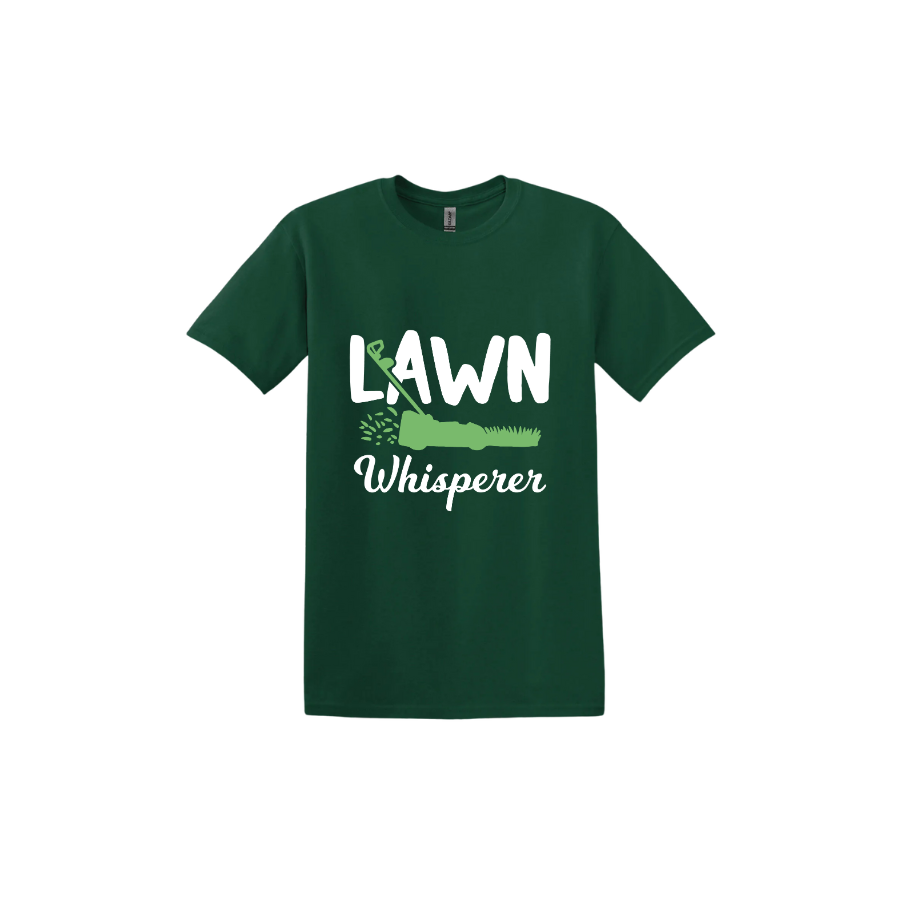 Forest green unisex tshirt with white text that reads 'Lawn Whisperer' alongside a graphic of a green lawnmower cutting grass.