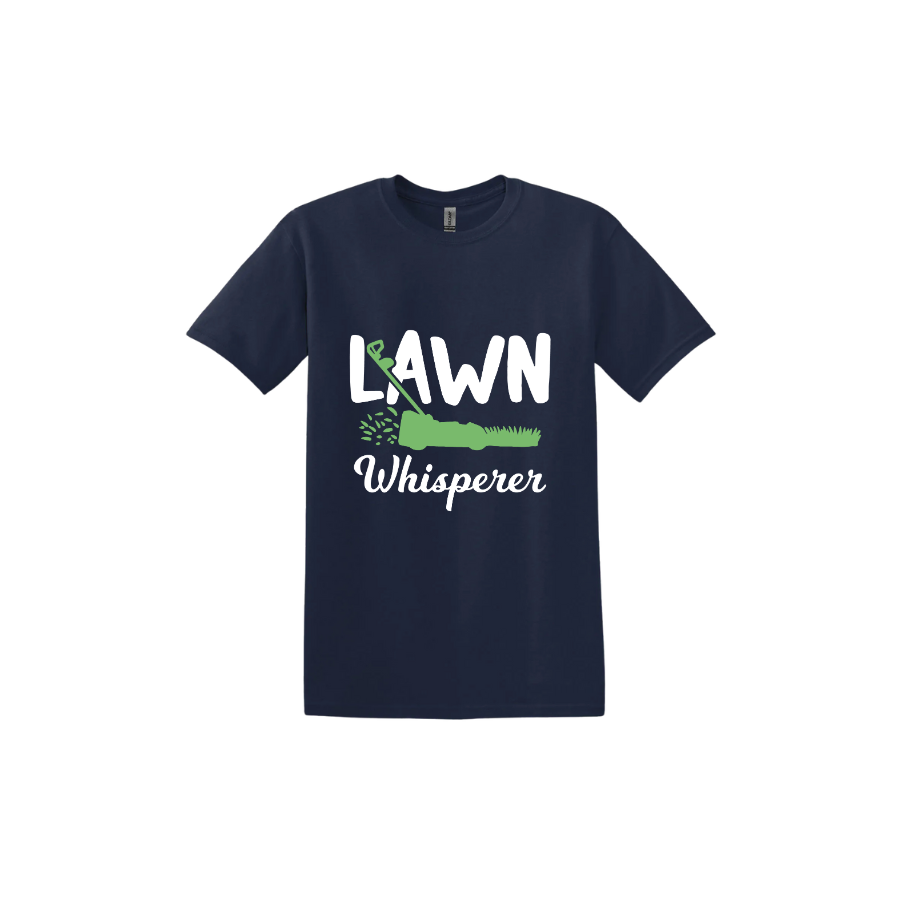 Navy unisex tshirt with white text that reads 'Lawn Whisperer' alongside a graphic of a green lawnmower cutting grass.