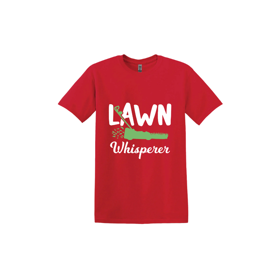 Red unisex tshirt with white text that reads 'Lawn Whisperer' alongside a graphic of a green lawnmower cutting grass.
