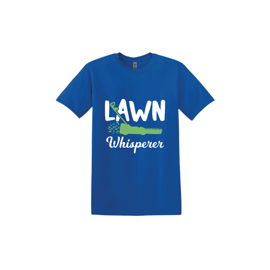 Royal blue unisex tshirt with white text that reads 'Lawn Whisperer' alongside a graphic of a green lawnmower cutting grass.