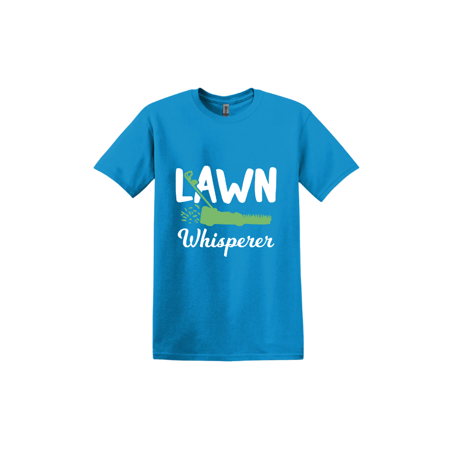 Sapphire unisex tshirt with white text that reads 'Lawn Whisperer' alongside a graphic of a green lawnmower cutting grass.