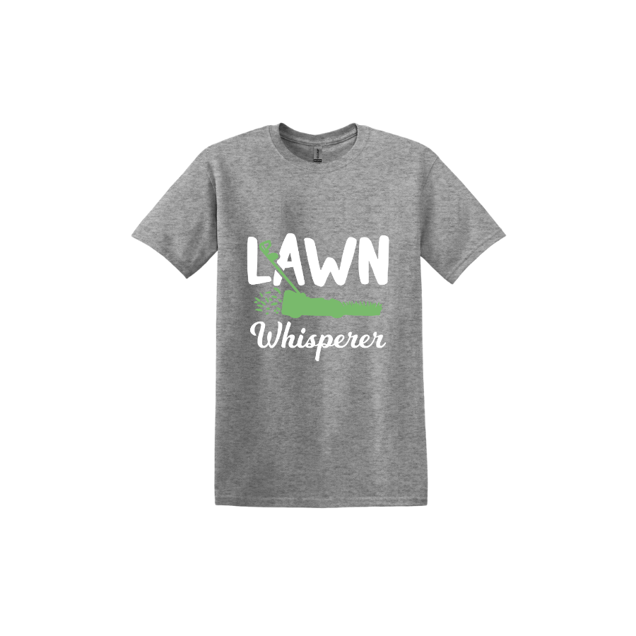 Sport grey unisex tshirt with white text that reads 'Lawn Whisperer' alongside a graphic of a green lawnmower cutting grass.