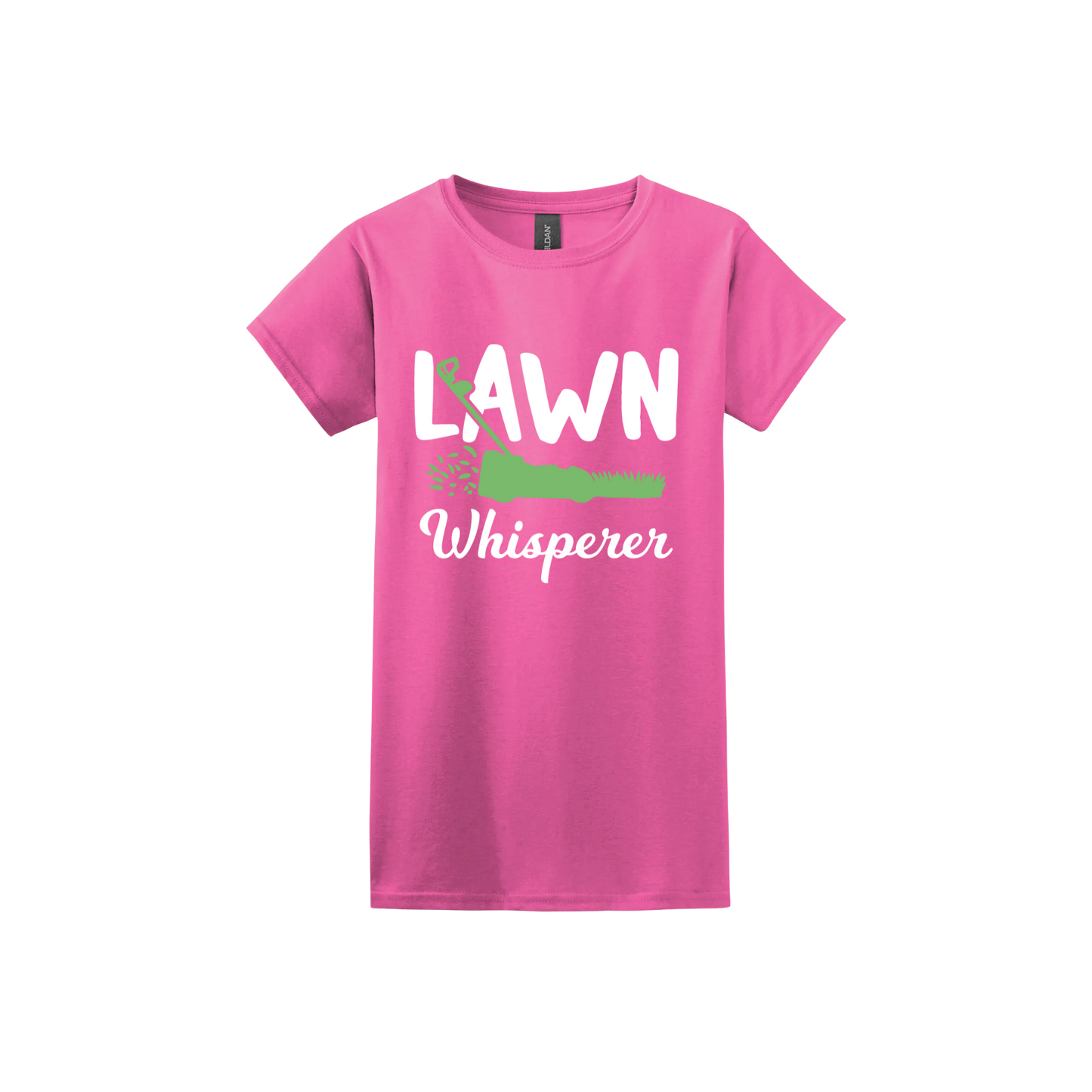 Azalea womens tshirt with white text that reads 'Lawn Whisperer' alongside a graphic of a green lawnmower cutting grass.