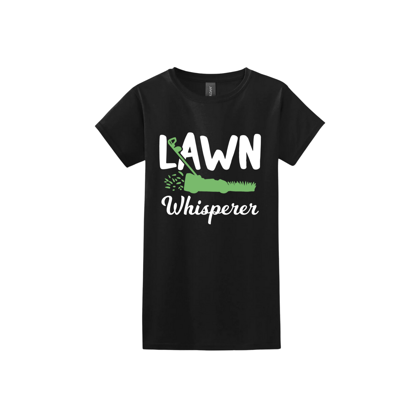 Black womens tshirt with white text that reads 'Lawn Whisperer' alongside a graphic of a green lawnmower cutting grass.
