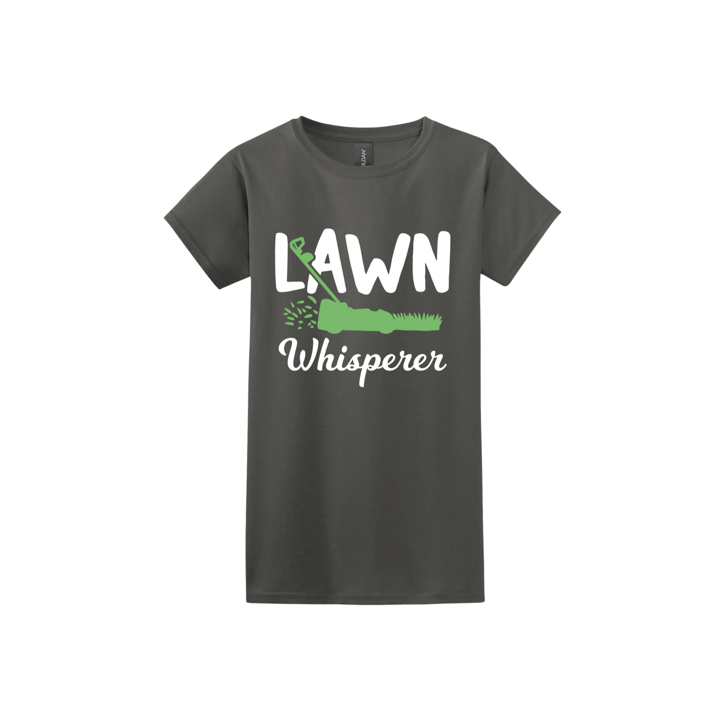 Charcoal womens tshirt with white text that reads 'Lawn Whisperer' alongside a graphic of a green lawnmower cutting grass.