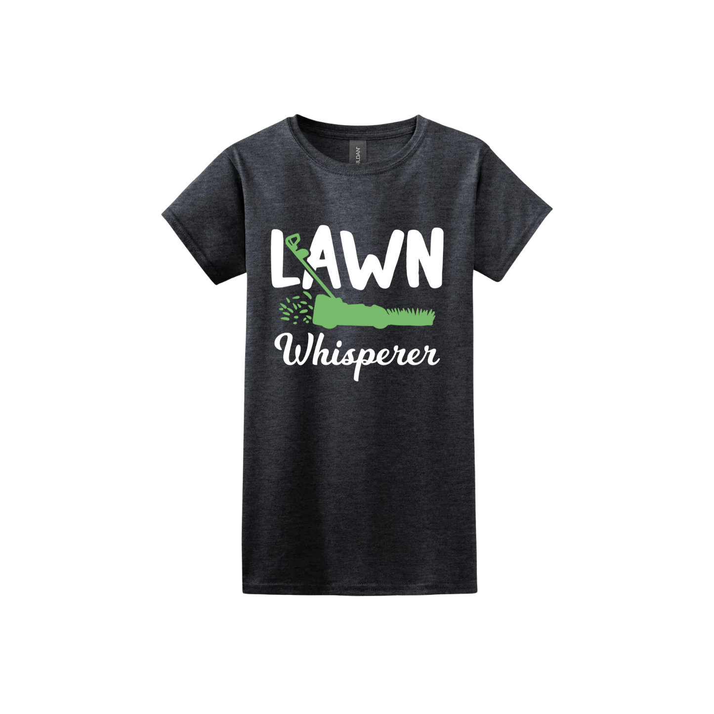 Dark heather womens tshirt with white text that reads 'Lawn Whisperer' alongside a graphic of a green lawnmower cutting grass.