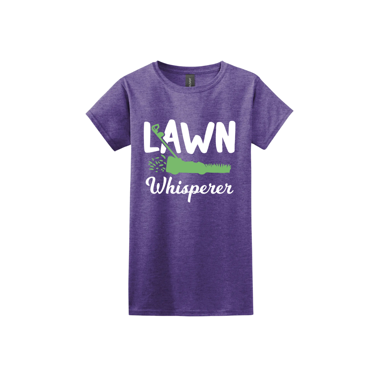 Heather purple womens tshirt with white text that reads 'Lawn Whisperer' alongside a graphic of a green lawnmower cutting grass.