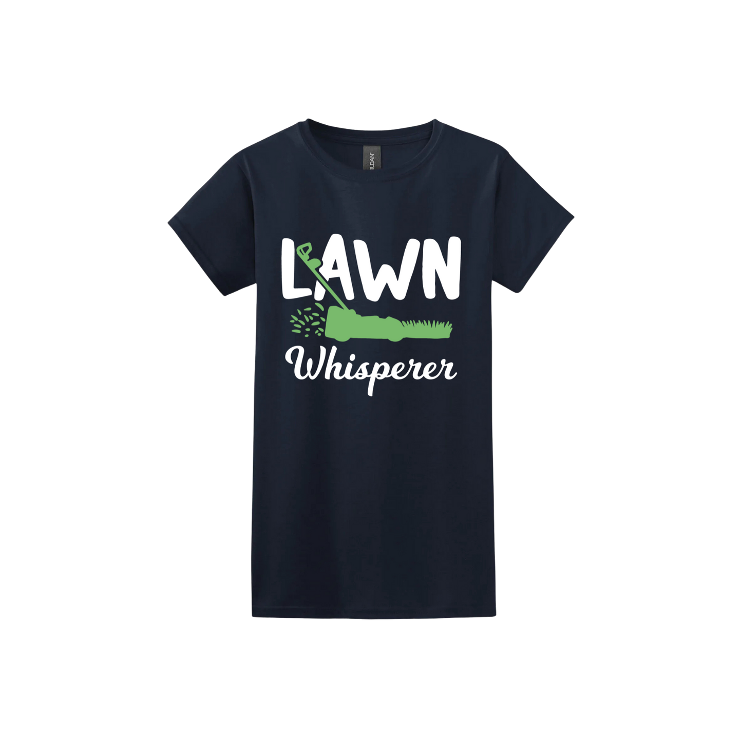 Navy womens tshirt with white text that reads 'Lawn Whisperer' alongside a graphic of a green lawnmower cutting grass.