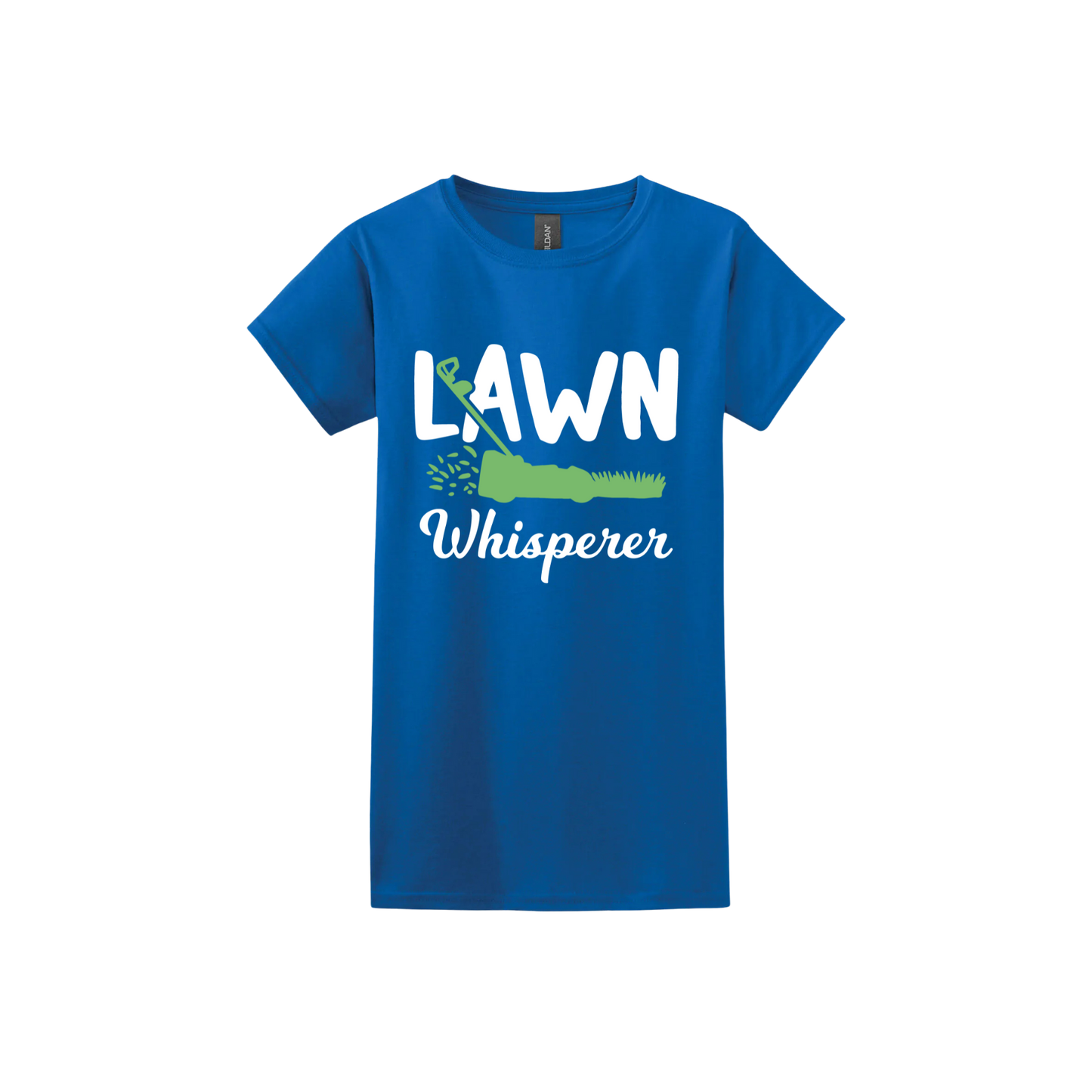 Royal blue womens tshirt with white text that reads 'Lawn Whisperer' alongside a graphic of a green lawnmower cutting grass.