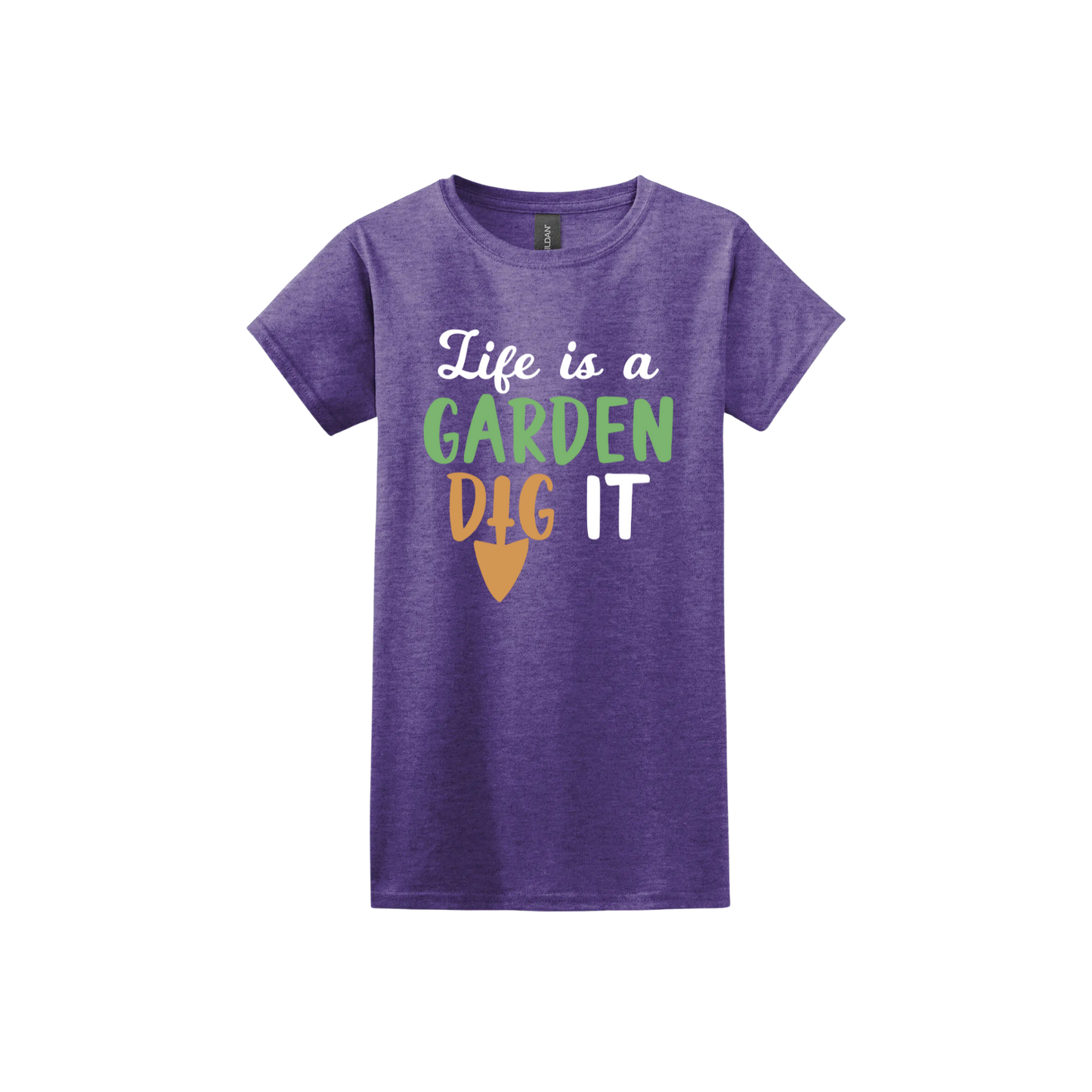 Heather purple womens tshirt featuring text that reads 'Life is a garden- Dig it' in the center. The 'I' in the word 'Dig' is a gardening trowel.