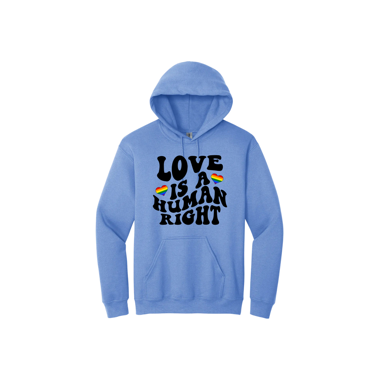 Blue unisex hoodie featuring text that reads 'Love is a human right' with two rainbow coloured hearts.