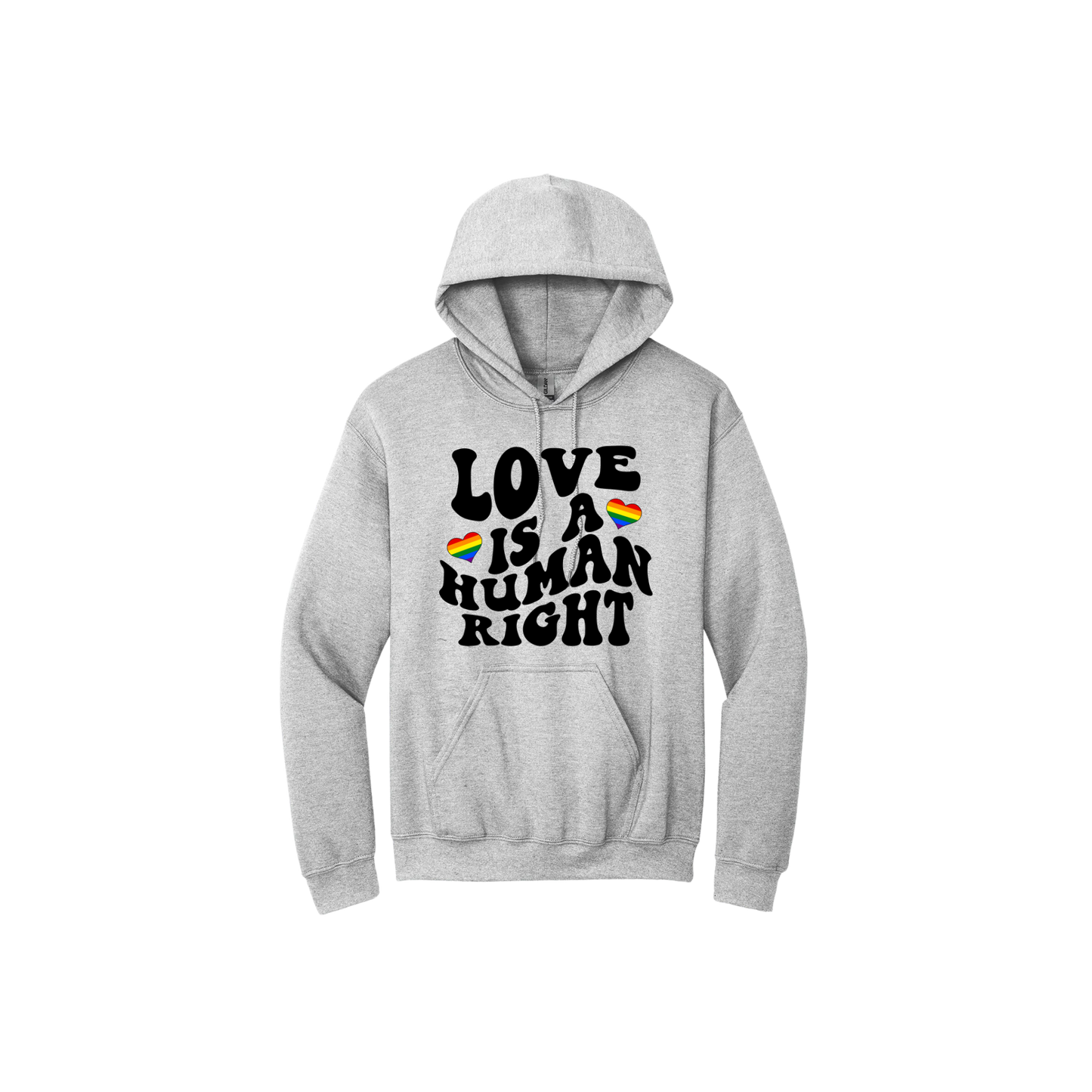 Grey unisex hoodie featuring text that reads 'Love is a human right' with two rainbow coloured hearts.