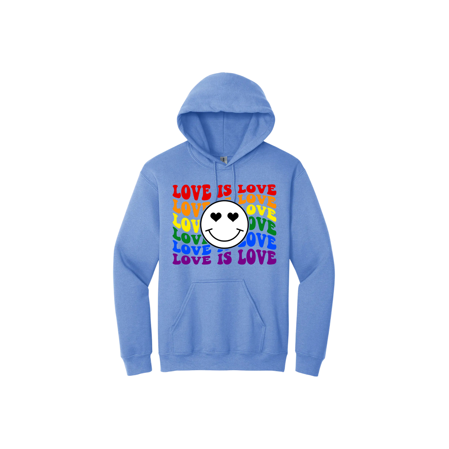 Blue unisex hoodie with rainbow text reading 'Love is Love' along with a graphic of a smiley face with heart eyes in the center.