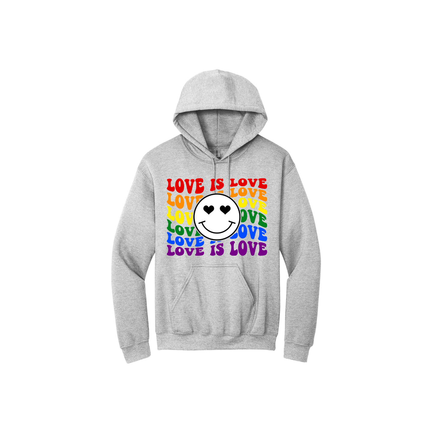 Grey unisex hoodie with rainbow text reading 'Love is Love' along with a graphic of a smiley face with heart eyes in the center.